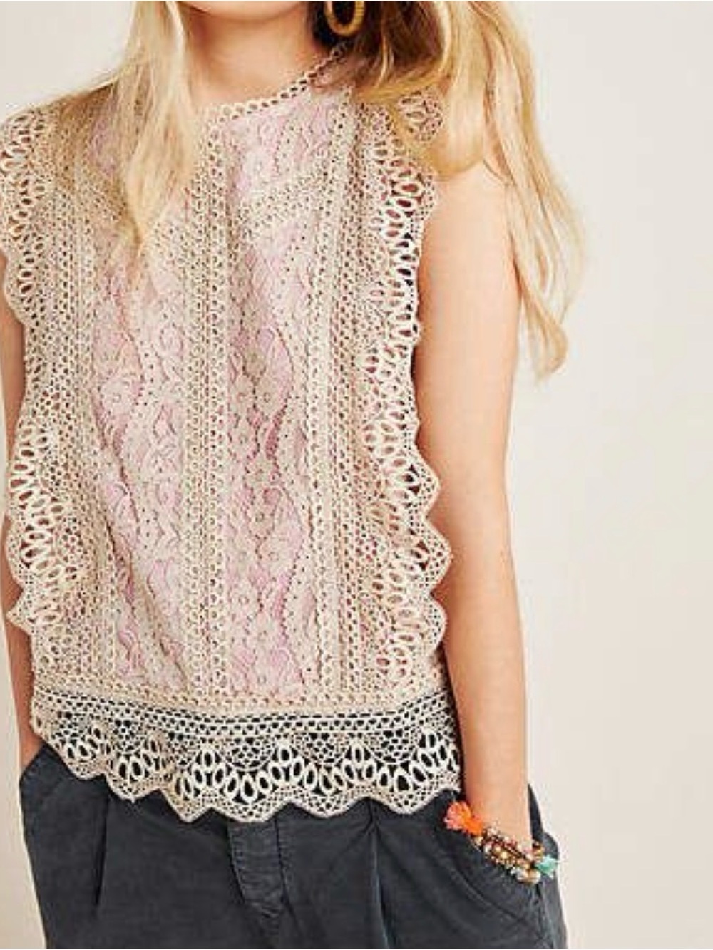 Anthropologie - Eri + Ali Crochet Sleeveless Top in Ivory Lace with Blush Lining